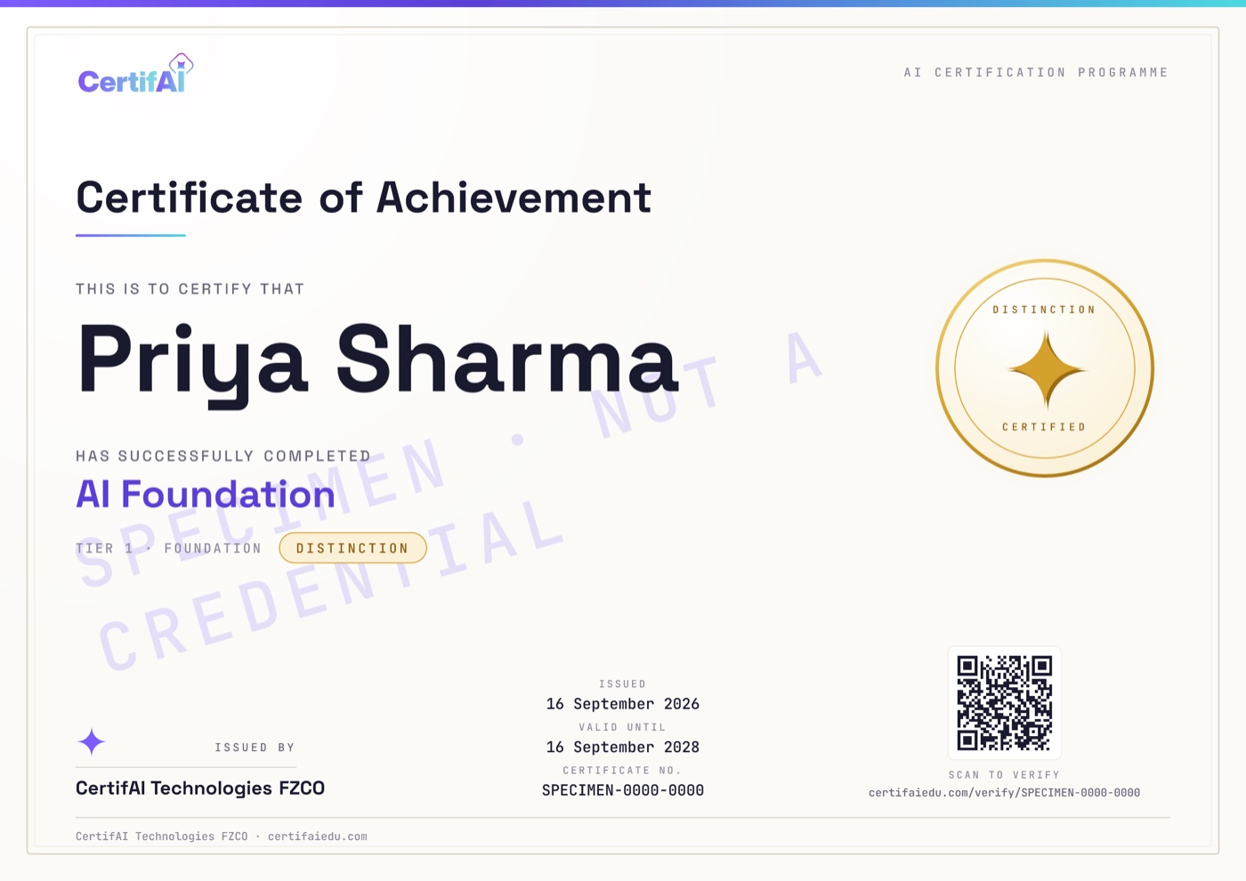 A CertifAI certificate: the seal names the grade band, the QR opens the verify page